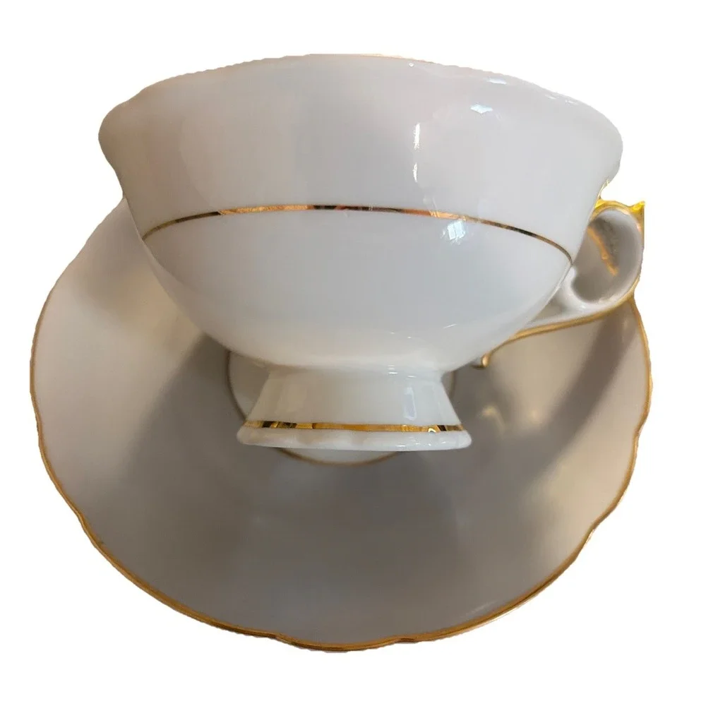Royal‎  Bayreuth Gray Cup & Saucer With Pink Rose And Gold Trim Germany US Zone
